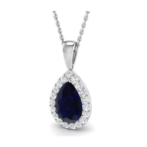 2.10ct Pear Shaped Sapphire & Diamond Halo Pendant Set In 18ct White Gold