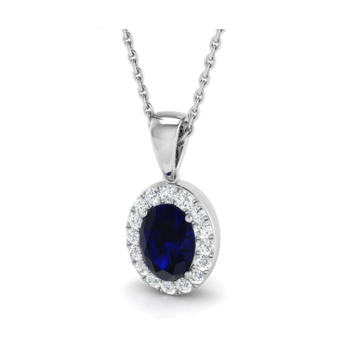 1.23ct Oval Sapphire & Diamond Halo Pendant Set In 18ct White Gold