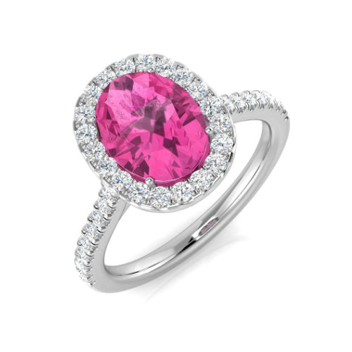 Pink Sapphire and Diamond Halo Ring with Diamond Shoulders