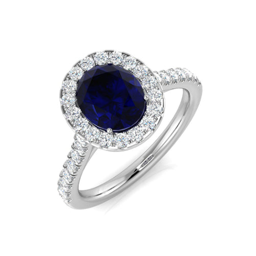 Sapphire and Diamond Halo Ring with Diamond Shoulders