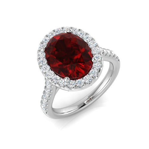 Ruby and Diamond Halo Ring with Diamond Shoulders