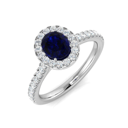 Sapphire and Diamond Halo Ring with Diamond Shoulders