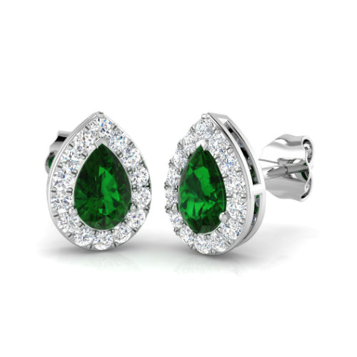 Pear Shaped Emerald and Diamond Halo Earrings