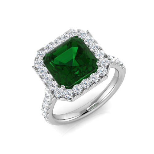 Emerald and Diamond Halo Cluster Ring